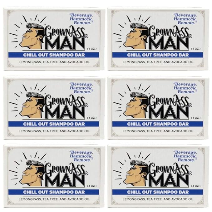 Grown Ass Man Co. - Solid Shampoo Bar Rich Lather 3 in 1: Hair, Beard & Body Wash - Plastic Free & Eco-Friendly, Natural & Organic Clean for All Hair Types, 4oz Bar (Chill Out, 6-Pack)