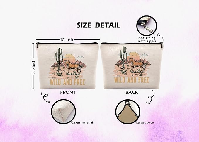 Wild and Free Cowgirl Cosmetic Bag, Wild West Retro Western Horse Cactus Desert Makeup Bag Zipper Cosmetic Pouch Bag Travel Linen Makeup Organizer, Cowgirl Gifts for Women Girls Teen Girls Her
