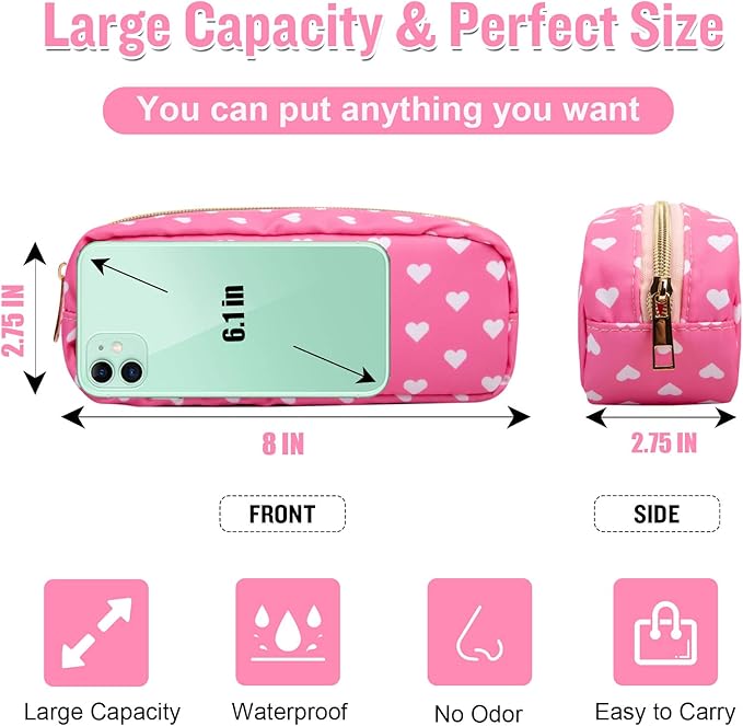 Nylon Slim Makeup Bag, Pink Heart Makeup Brush Case, Preppy Cosmetic Zipper Pouch for Purse, Travel Toiletry Bag Clutch Coin Pouch Makeup Organizer for Women Girls
