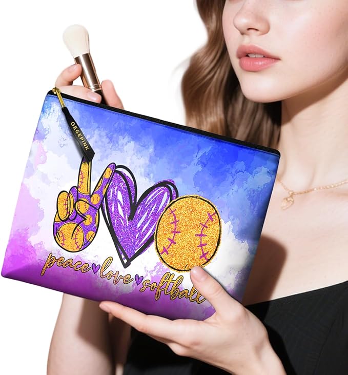 Cute Makeup Bag for Purse Waterproof Cosmetic Bags for Women Funny Smooth Zipper Travel Toiletry Pouch 10X8 Inches-Peace Love Softball Makeup pouch