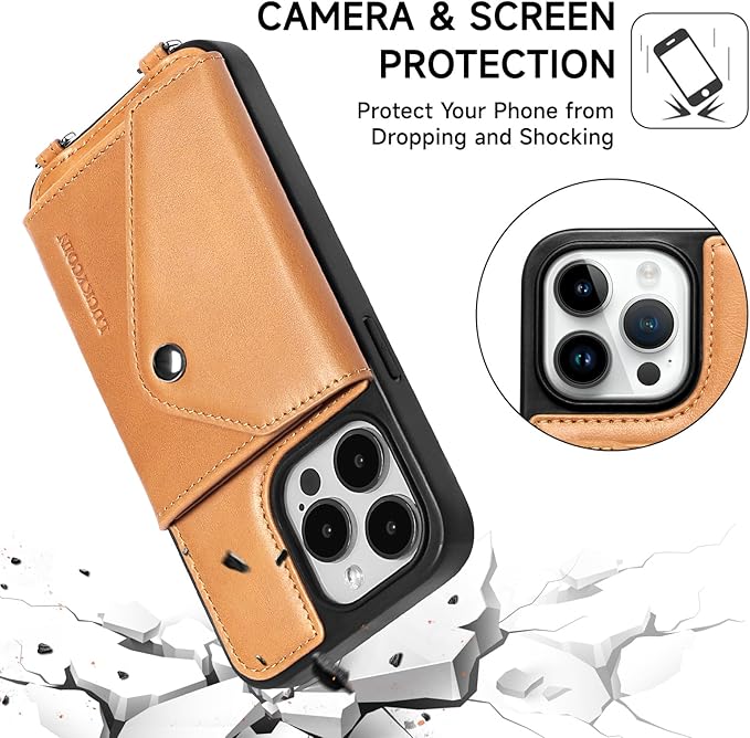 LUCKYCOIN Crossbody Wallet Phone Case for iPhone 15 Pro,100% Genuine Leather Wallet Phone Case with Expandable Flip Card Holder,Phone Purse for Women with Adjustable Removable Strap - Tan