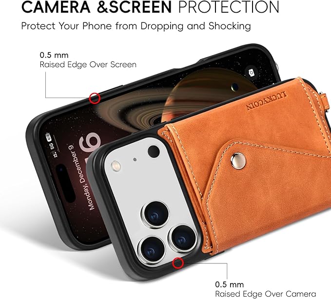 LUCKYCOIN Crossbody Wallet Phone Case for iPhone 17 Pro,100% Genuine Leather Wallet Phone Case with Expandable Flip Card Holder,Phone Purse for Women with Adjustable Removable Strap - Tan