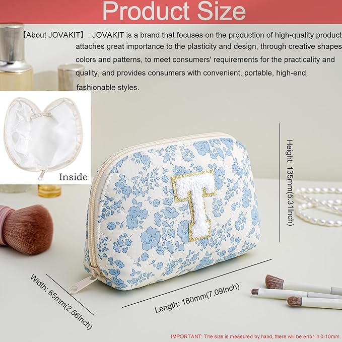 JOVAKIT Conch Alphabet Makeup Bag Cosmetic Bag for Women, Christmas Gifts for Women Girls, Blue Floral Coquette Travel Bag, Zipper Make Up Pouch Organizer Trendy Stuff (Blue Floral T)