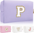 Personalized Initial Letter Patch Makeup Bag, Preppy Small Chenille Cosmetic Bag with Zipper, PU Leather Waterproof Travel Toiletry Bag Monogram Make Up Pouch for Women Girls