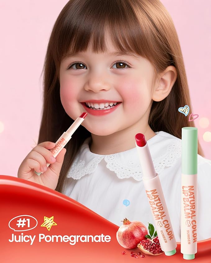 RUNBEN Kids Tinted Lip Balm, Pomegranate -Scented Lipstick, 24H Moisturizing, Safe & Non-toxic Lip Gloss for Kids & Teen, Christmas Makeup Gift for Girls, 2g