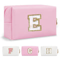 Personalized Initial A-Z Preppy Patch Makeup Bag,Small PU Chenille Letter Cosmetic Bag with Zipper for Teen Girls,Pink Cute Toiletry Organizer Bag,Monogram Makeup Case Gift for Women Girls,Letter E