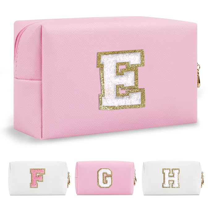 Personalized Initial A-Z Preppy Patch Makeup Bag,Small PU Chenille Letter Cosmetic Bag with Zipper for Teen Girls,Pink Cute Toiletry Organizer Bag,Monogram Makeup Case Gift for Women Girls,Letter E