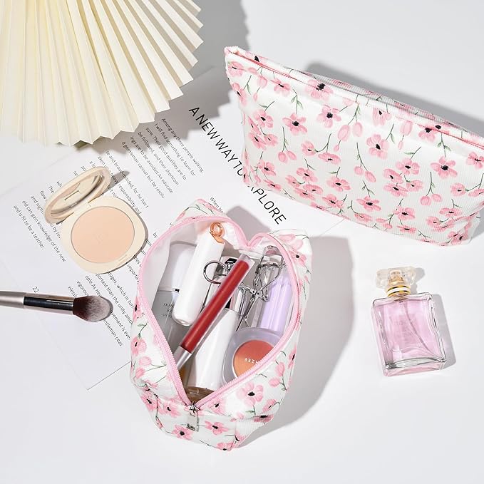 SOIDRAM 2 Pieces Flower Makeup Bag Large Floral Cosmetic Bag Capacity Canvas Mix Travel Toiletry Bag Organizer Cute Makeup Brushes Aesthetic Accessories Storage Bag for Women, Flower Mix Pink
