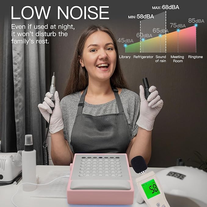 Madenia Powerful Nail Dust Collector - Brushless Quiet Vacuum Suction Fan Extractor with Hand Pillow 2 Filters 1 Brush, Nail Dust Cleaner Machine for Acrylic Gel Nail Polishing Nail Tech Use, Pink