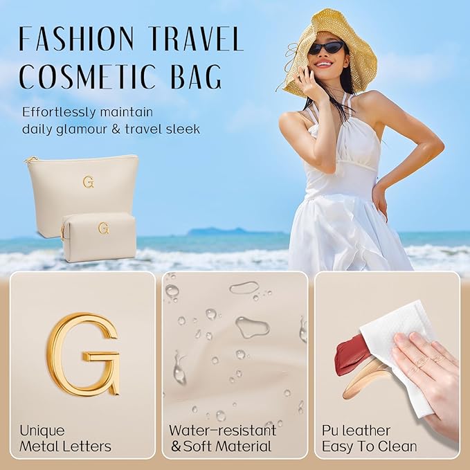 Women Gifts | Initial Makeup Bag Set for Girl Personalized Gifts for Bridesmaid Friend Graduation Teachers PU Leather Cosmetic Travel Toiletry Bag(Beige,G)