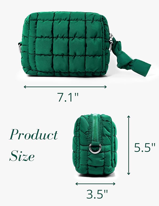 Yarnic Quilted Makeup Bag Cosmetic Bag, Travel Toiletry Bag for Women, Cute Makeup Bag Organizer Puffer Makeup Pouch (S, Deep Green)