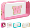 Small Clear Personalized Initial Makeup Bag, Preppy A-Z Chenille Letter Patch Cosmetic Bag, Cute Transparent Nylon Waterproof Zipper Beach Varsity Letter Pouch, Gift for Women Girls(Pink-Pink W)