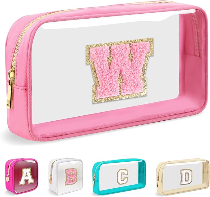 Small Clear Personalized Initial Makeup Bag, Preppy A-Z Chenille Letter Patch Cosmetic Bag, Cute Transparent Nylon Waterproof Zipper Beach Varsity Letter Pouch, Gift for Women Girls(Pink-Pink W)