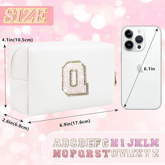 Personalized Initial Makeup Bag, Small Preppy Glitter Letter Cosmetic Pouch PU Waterproof Zipper Travel Toiletry Bag, Unique Letter Patch Makeup Organizer Gift for Women Teen Girls