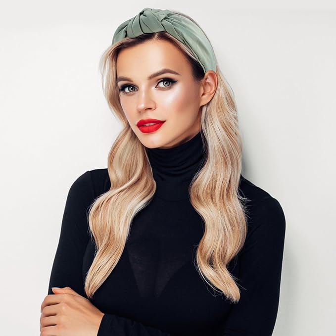 VELSCRUN White, Green 2 Pack Women's Satin Knotted Wide Non-Slip Elastic Turban Fashion Headbands for Hair Styling Accessories