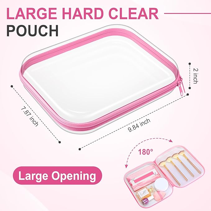 Sanwuta 6 Pcs Clear Hard Zipper Case Hard Plastic Zipper Pouches Makeup Bag Pencil Pouches Transparent Cases for Snacks Plastic Storage Organizer Box for Travel(Pink,9.84 x 7.87 x 2 Inch)