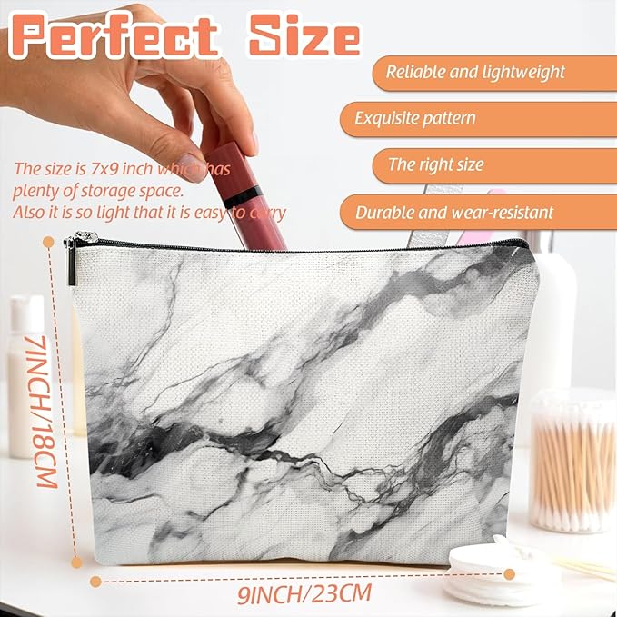 Makeup Bag Travel Cosmetic Bags Small Makeup Case Waterproof Zipper Pouch for Women Girls 7X9inches - Bold Black - Veined White Marble