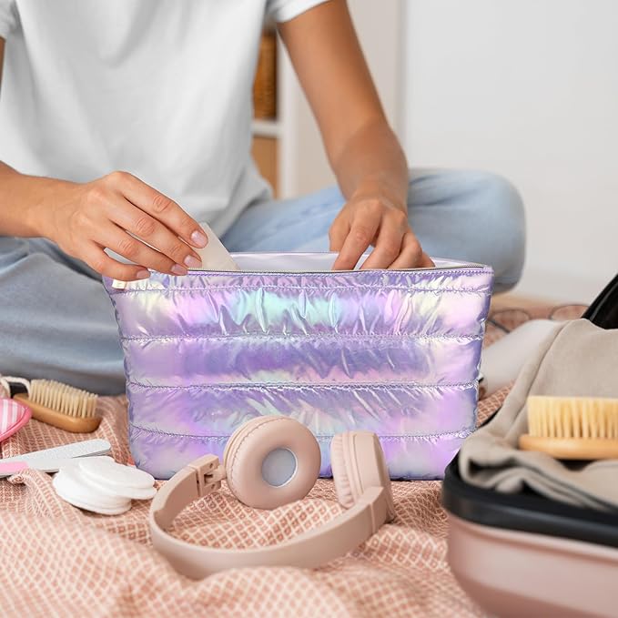 Hiroyuki Iridescent Quilted Makeup Bag, 3pcs Cute Makeup Bag Set, Large Capacity Cosmetic Organizer Travel Toiletry Pouch (plain, purple)
