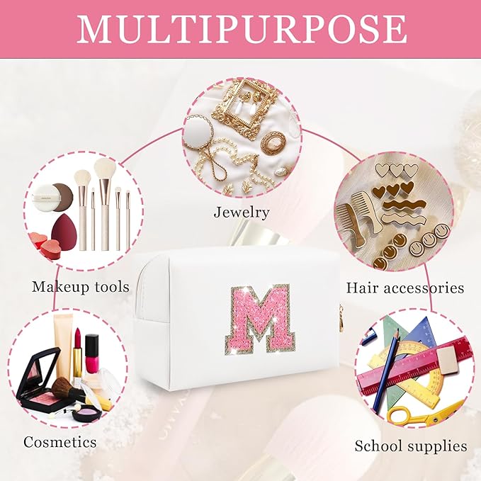 Initial Patch Makeup Bag, Small Preppy A-Z Glitter Cosmetic Bag, PU Leather Waterproof Travel Toiletry Bag, Cute Make Up Pouch Personalized Monogrammed Gift for Women Teen Girls (Letter M)