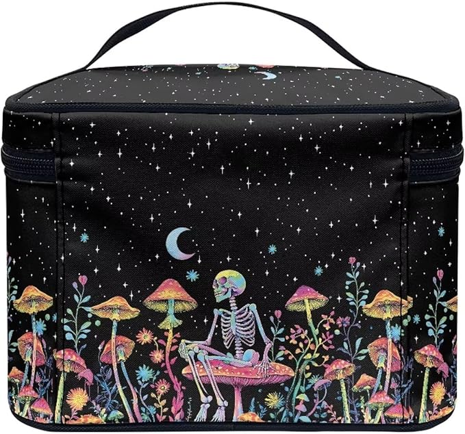 Colorful Mushroom Skull Floral Pattern Travel Makeup Bag for Women Large Capacity Cosmetic Bag with Zipper and Handle Portable Toiletry Bag Make Up Organizers