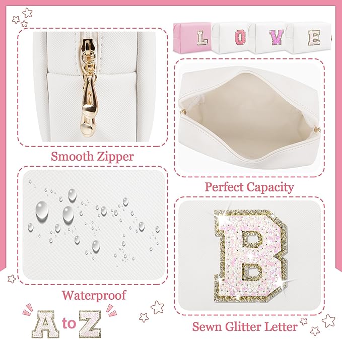 Personalized Initial Letter Makeup Bag, Preppy Glitter Letter Patch Cosmetic Pouch Zipper,PU Waterproof Travel Toiletry Bag Cute Makeup Organizer Monogrammed Make Up Bag,Gift for Women Girls(Letter B)