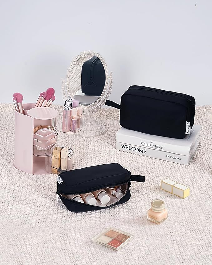 Narwey Cute Makeup Bag Small Toiletry Bag Travel Cosmetic Bag Organizer Make Up Bags with Organized Pockets for Women (Black, Large)