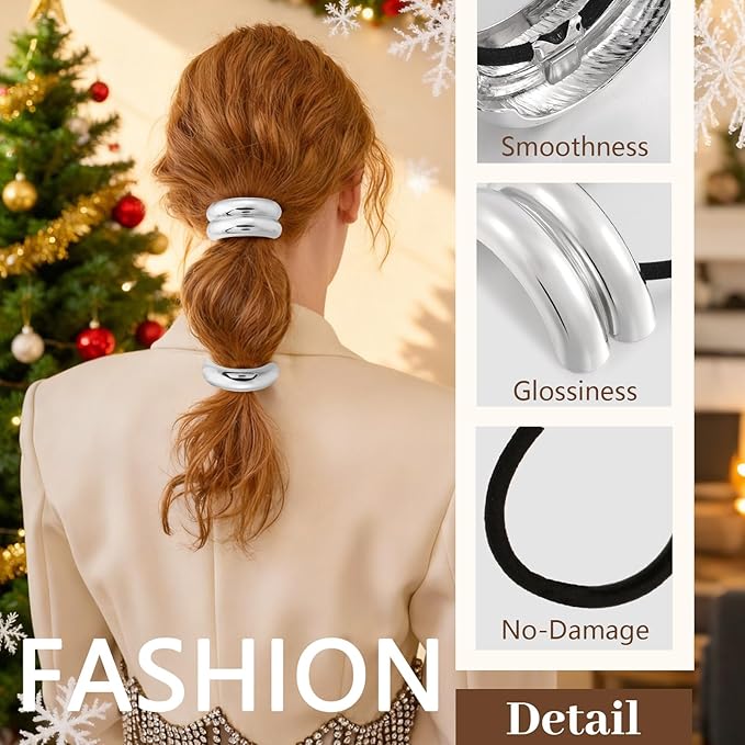 3PCS Silver Hair Ties, Metal Hair Ties for Thick Hair, Elegant Durable Geometric Design, Silver Hair Accessories Stretchy and Non-Damage Ponytail Holders, 3 Styles in Box Gifts Holiday Christmas Gifts