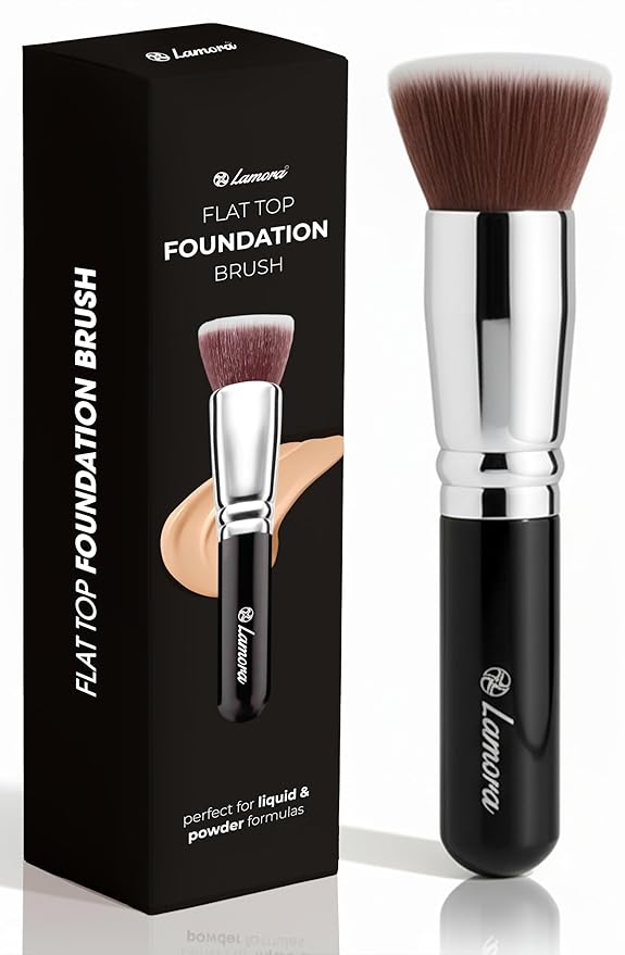 Lamora Makeup Brush Foundation Kabuki - Flat Top Face Brush for Liquid, Cream, and Powder Cosmetics - Full Coverage Blending, Buffing, Stippling, Contouring