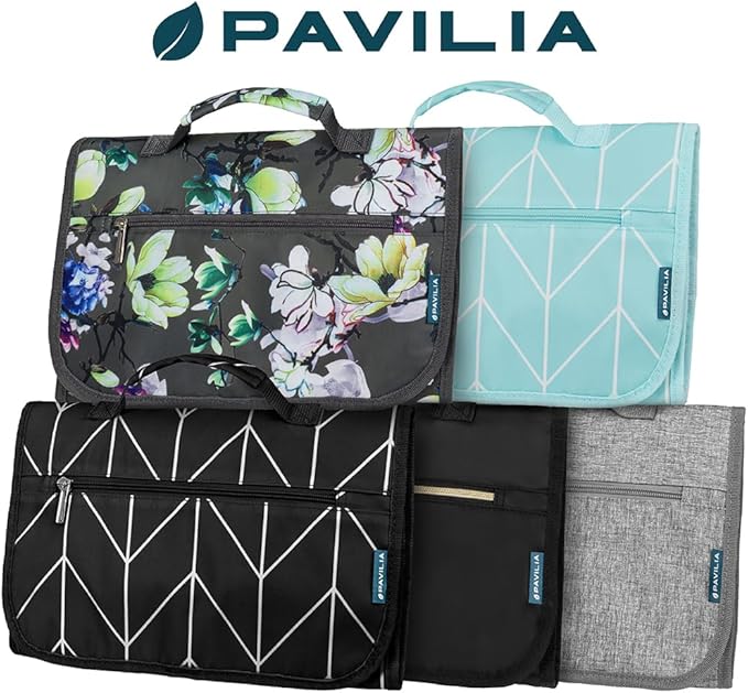 PAVILIA Hanging Toiletry Bag Women Men, Travel Kit Foldable Large Toiletries Organizer, Roll up Cosmetics Makeup Bag Accessories, Waterproof Essentials Jewelry Case (Heather Grey)