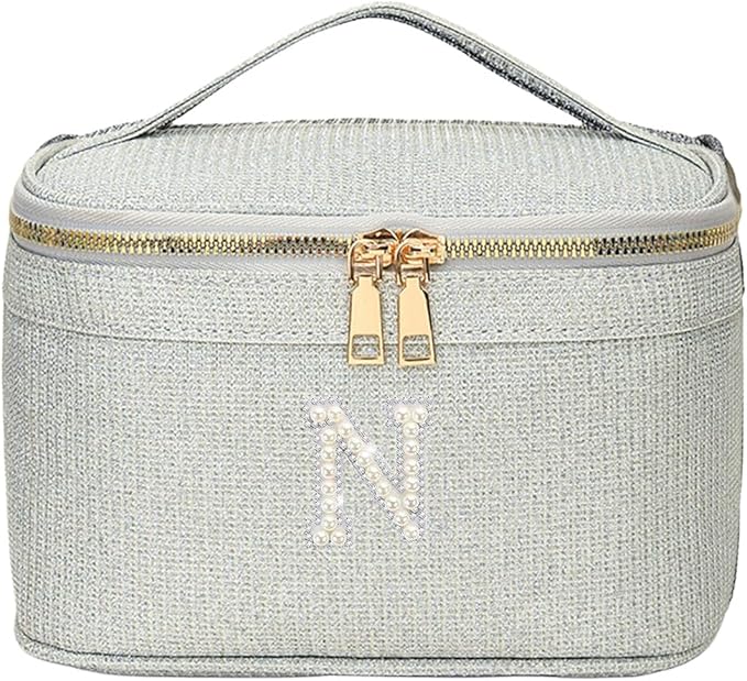 EURYNOME Makeup Bag with Custom Letter N, Water-Resistant Travel Organizer Pouch, (8.3x5.1x5.1 Inch) Cosmetic Case for Women