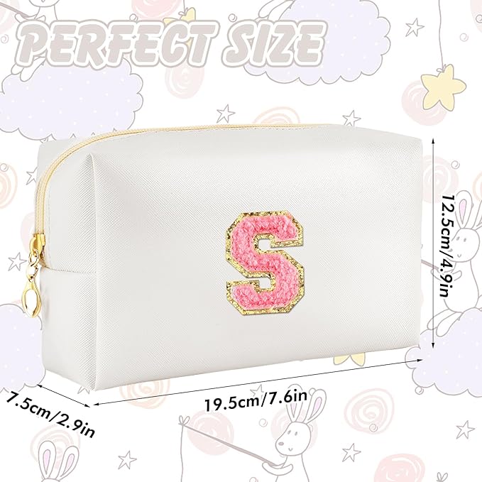 Initial Makeup Bag Personalized Preppy Travel Small Cosmetic Bag Cute PU White Chenille Letter Makeup Pouch for Purse Waterproof Zippered Toiletry Organizer for Women Girls Kids Friends (S)