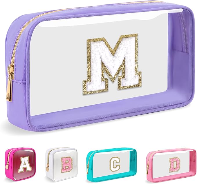 Small Clear Personalized Initial Makeup Bag,Nylon Preppy A-Z Chenille Letter Patch Cosmetic Pouch Beach Toiletry Bag,Waterproof Zip Travel Purse Storage Bag Organizer for Women Girls(Purple-White M)