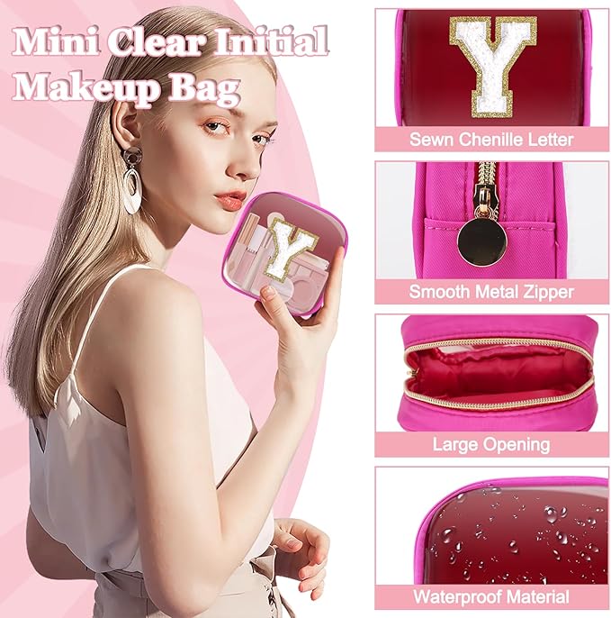 Mini Clear Personalized Initial Makeup Bag, Small Preppy A-Z Chenille Letter Patch Cosmetic Pouch, Transparent PVC & Nylon Waterproof Zip Beach Toiletry Bag,Gift for Women Girls(Hot Pink-White Y)