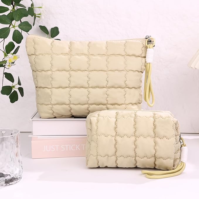 Richeart Makeup Bag Travel Toiletry Bag - Checkered Down Cotton Makeup Pouch for Women with Cosmetic and Pencil, Aesthetic Khaki Design, Large