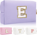 Personalized Initial Letter Patch Makeup Bag, Preppy Small Chenille Cosmetic Bag with Zipper, PU Leather Waterproof Travel Toiletry Bag Monogram Make Up Pouch for Women Girls