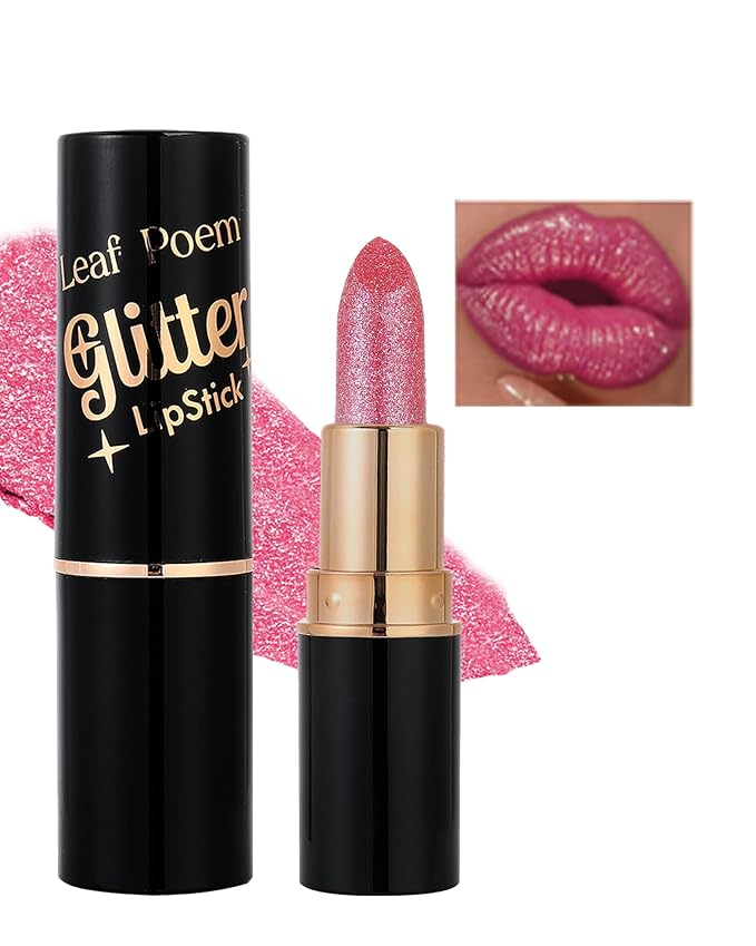 Metallic Rose Pink Glitter Lipstick for Women,Glitter Diamond Shiny Shimmer Nude Lip Gloss Long Lasting Sparkling Waterproof Matte Lipgloss Lipstick,High Pigmented Red Lipstain Lip Color Makeup -03