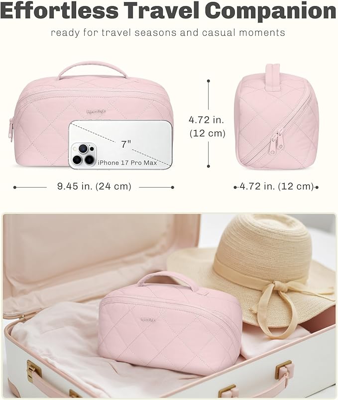 Hynes Eagle Travel Makeup Bag for Women Puffy Cosmetic Organizer Pouch Open Flat Toiletry Bag for Toiletries, Brushes Pink