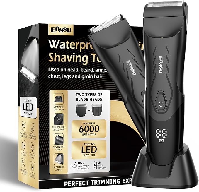 Body Hair Trimmer for Men: 2-in-1 Manscape Trimmer & Shaver with LED Light for Ball/Pubic/Groin,Waterproof Trimmer for Men,No-Nick Shaving,Smooth Grooming