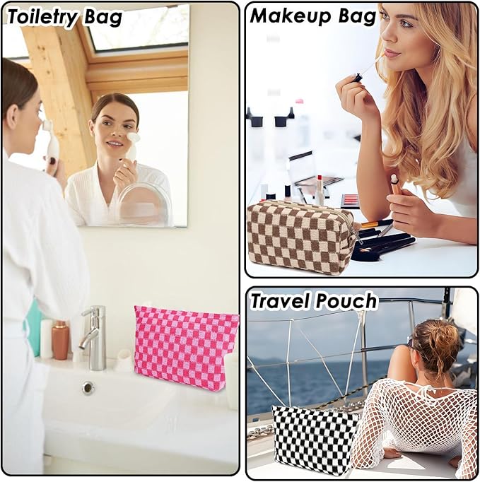 Travel Makeup Bag, Checkered Cosmetic Bag Make Up Organizer Case for Women, Small Toiletry Bag Skincare Pouch for Toiletries Accessories Brushes, 2PCS