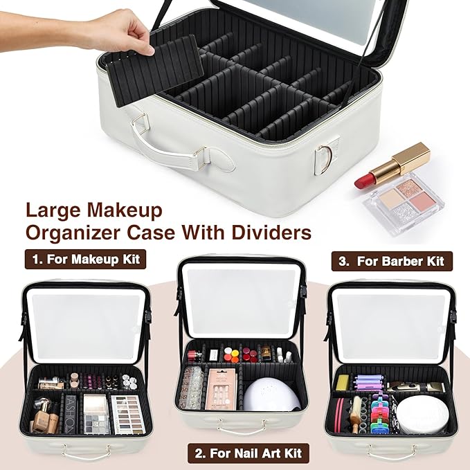 Large Makeup Bag with LED Mirror,Travel Cosmetic Train Case for Makeup Artists,Makeup Organizer Case with Divider Rechargeable Vanity Mirror with 3 Color Lights for Barber,MUA,Nail Tech, Beige