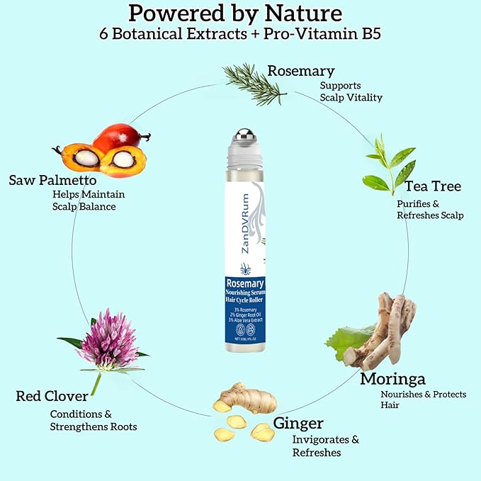 Rosemary Hair Growth Serum Roll-On for Thinning Hair with Saw Palmetto & Tea Tree — Lightweight, Non-Greasy Scalp Oil for Hair Regrowth Support