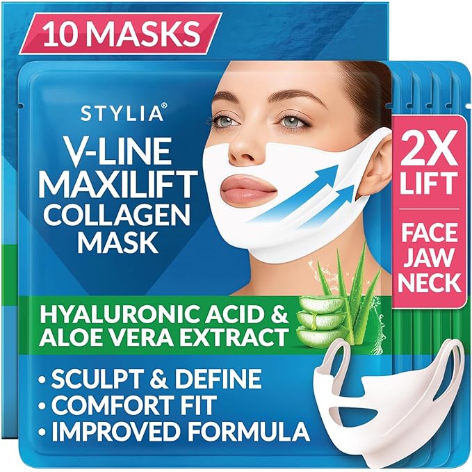 Stylia MaxiLift V-Line Lifting Collagen Face Mask - Advanced Double Chin Reducer - Jawline Shaper - Neck Firming and Tightening Mask with Hyaluronic Acid & Aloe Vera - Chin Strap for Sleeping (10PC)