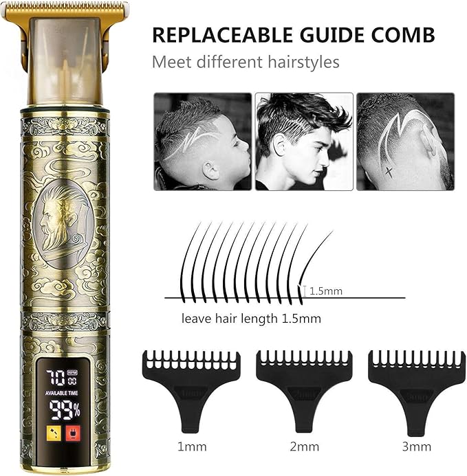 Men's T-Blade Hair Clippers, Waterproof & Low Noise, Professional Hair Trimmer, USB Quick Charge & LED Display, Ergonomic All Metal Design