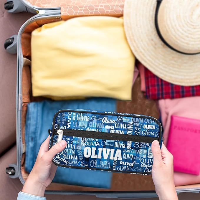 Custom Name Makeup Bag Travel Bag, Toiletry Bag Travel Large Capacity Cosmetic Container Organizer for Shampoo, Blue Geometric Pattern