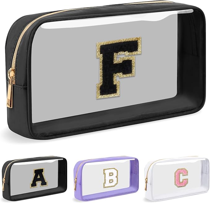 Personalized Initial Letter Clear Makeup Bag,Preppy Small Nylon&PVC Cosmetic Zipper Bag with Chenille Letter,Travel Skincare Toiletry Bag,Monogram Christmas Gift for Teen Girls Women,F