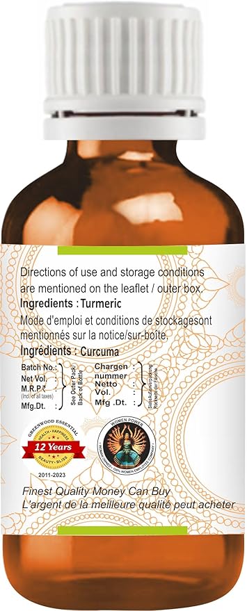 Greenwood Essential Turmeric Essential Oil (Curcuma Longa) Pure | Non-Sticky | Non-Greasy | Lightweight | Men & Women | All Skin Types | Steam Distilled 30ml (1 oz)
