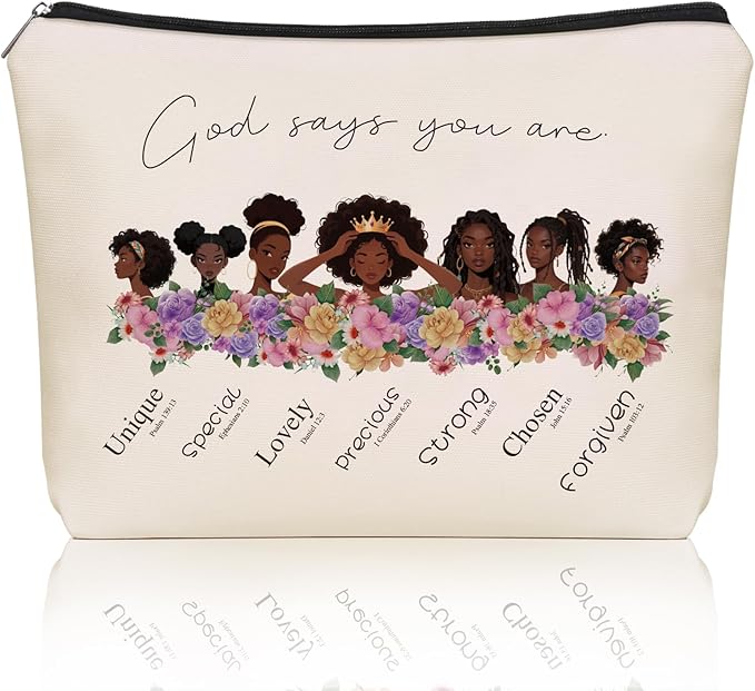 Inspirational Christian Makeup Bag Gifts: God Says You Are Themed Cosmetic & Toiletry Organizer Pouch For African American Black Teen Girls & Women.Ideal Gift For Travel, Birthdays, & Christmas.
