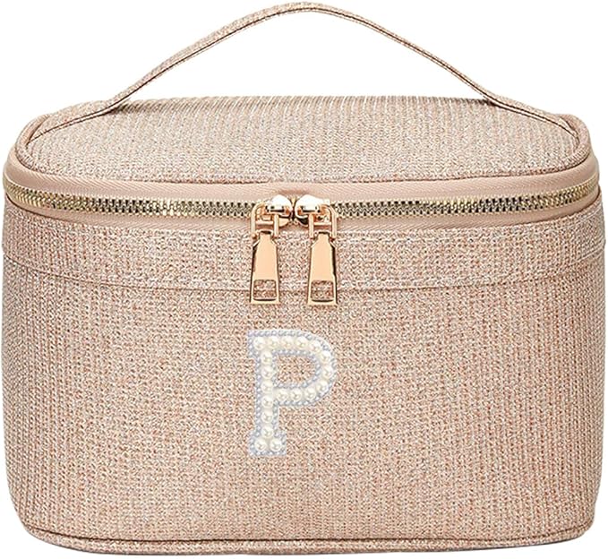 EURYNOME Makeup Bag with Custom Letter P, Water-Resistant Travel Organizer Pouch, (8.3x5.1x5.1 Inch) Cosmetic Case for Women