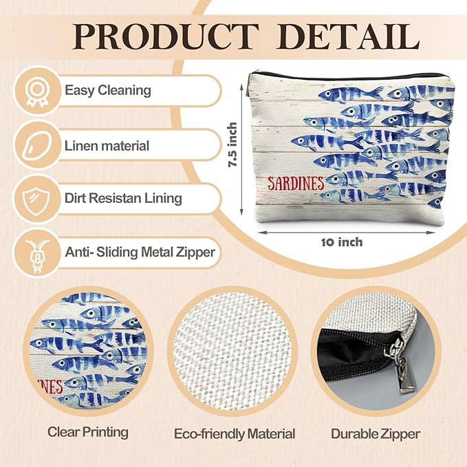 Vintage Sardine Fish Makeup Bag, Ocean Beach Lovers Gifts Cosmetic Bags for Women, Gifts for Fishing Lovers, Retro Nautical Beach Zipper Makeup Pouch