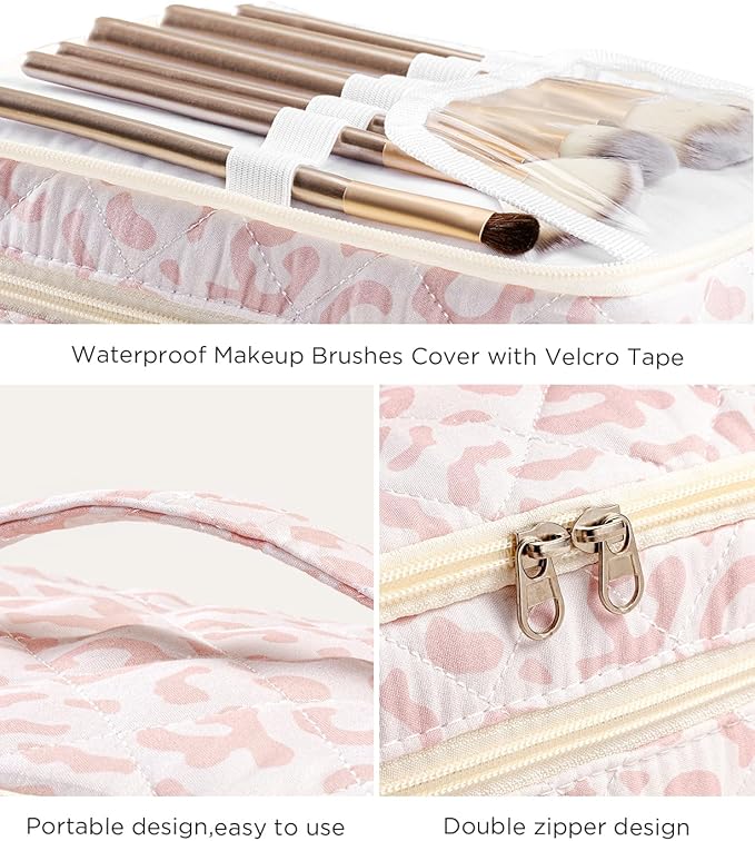 HBselect 2Pcs Travel Makeup Bag, Large Cotton Quilted Makeup Bag Cosmetic Bag Cute Make up Bag Toiletry Bags for Women Girls